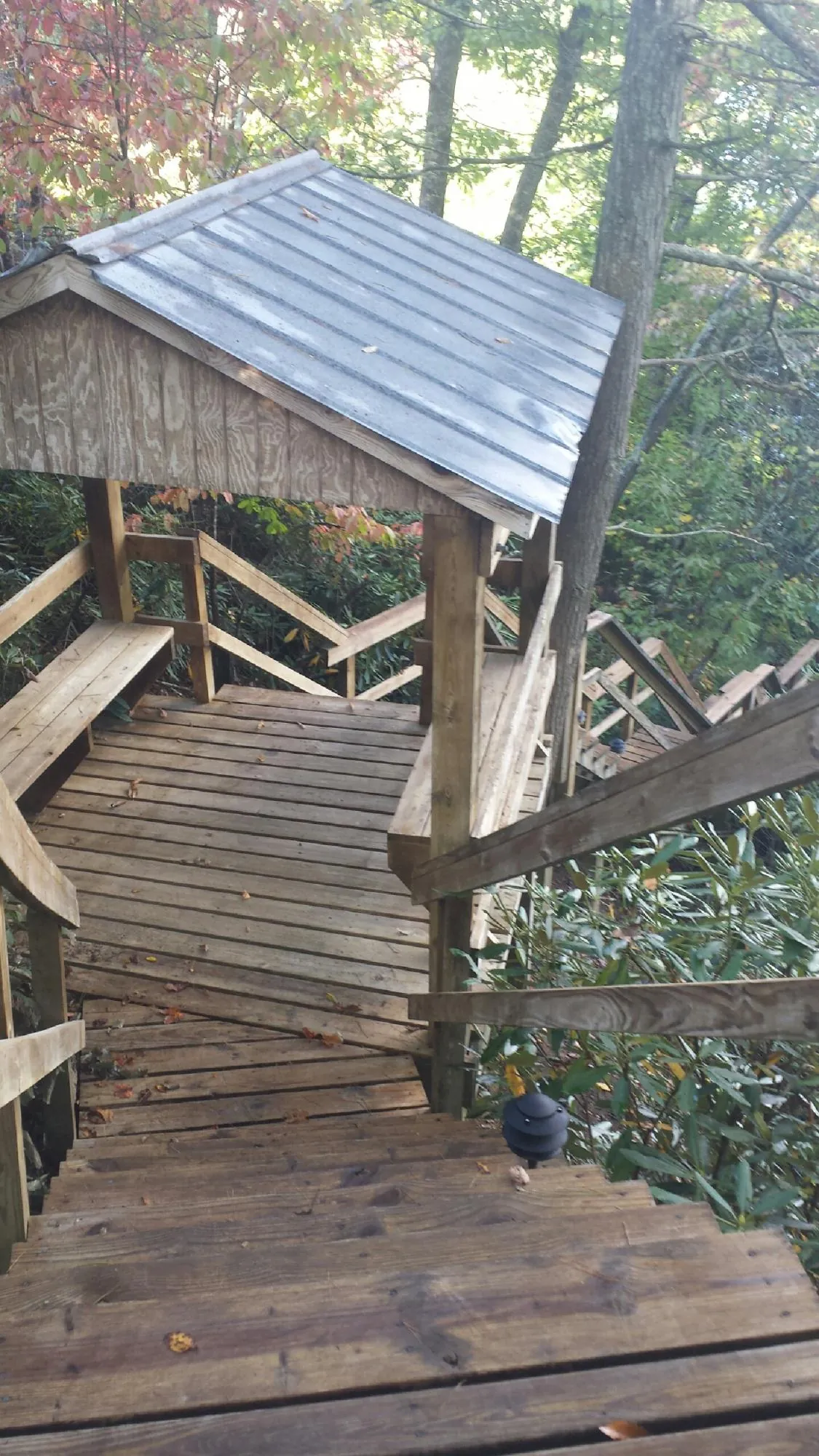 Metal roofed shelter over wooden steps on a wooded walkway — Skylight Repair & Installation work by our crew in Gainesboro